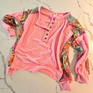 BiBi Mixed Media Pink Floral Oversized Balloon Sleeve Top Small